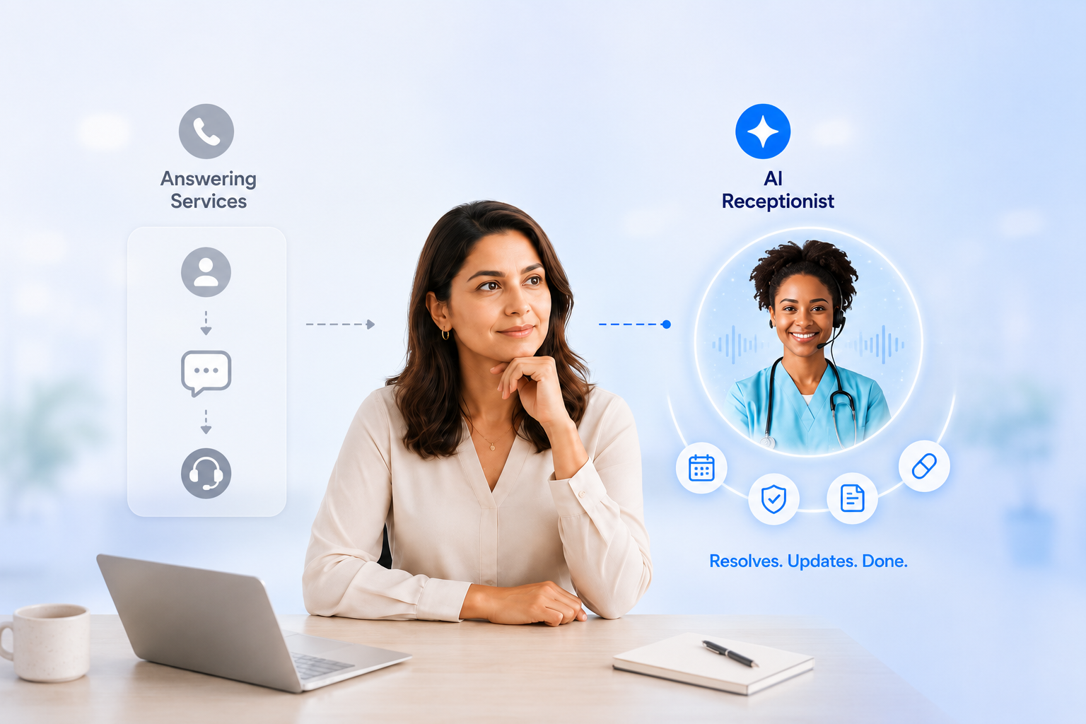 Comparison between a traditional healthcare answering service and a Confido Health AI receptionist, showing message capture on one side and real-time appointment booking with automatic record updates on the other, alongside a practice manager evaluating both options.