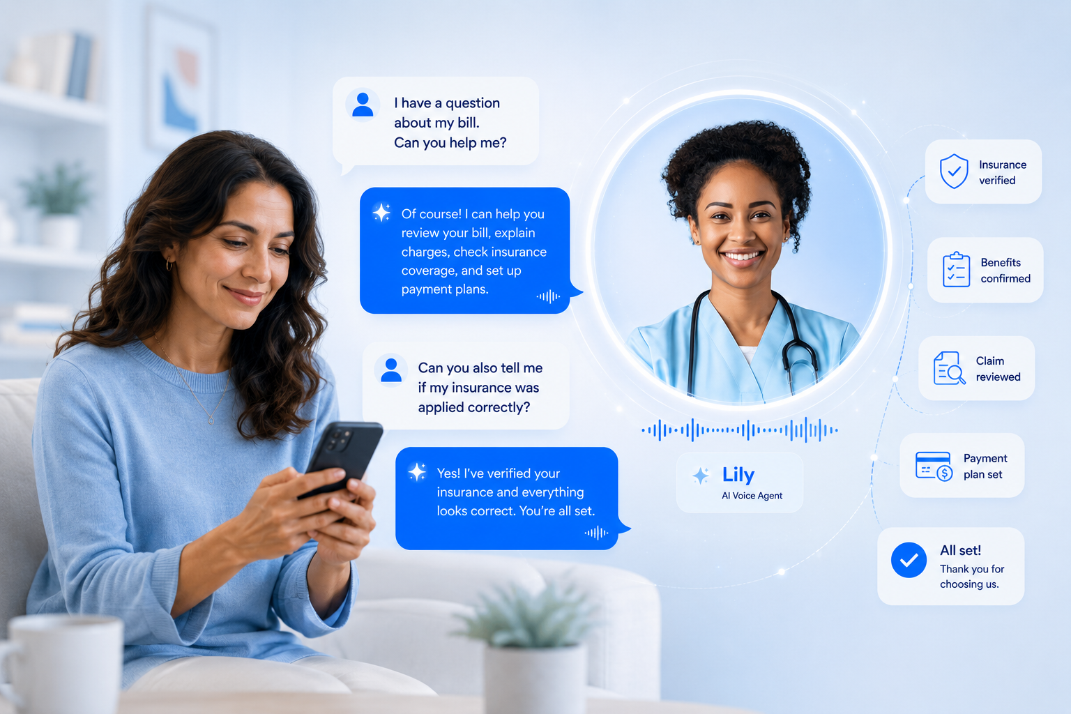 AI voice agent Lily helping a patient understand medical bills, verify insurance, and set up a payment plan through a conversational healthcare assistant.