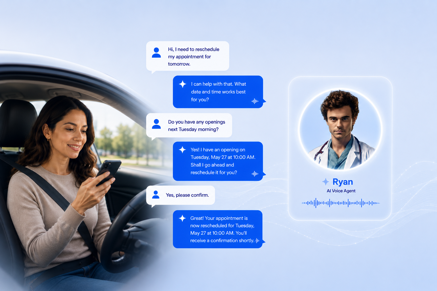 Patient rescheduling a healthcare appointment from a car using Ryan AI Voice Agent with a natural voice conversation.