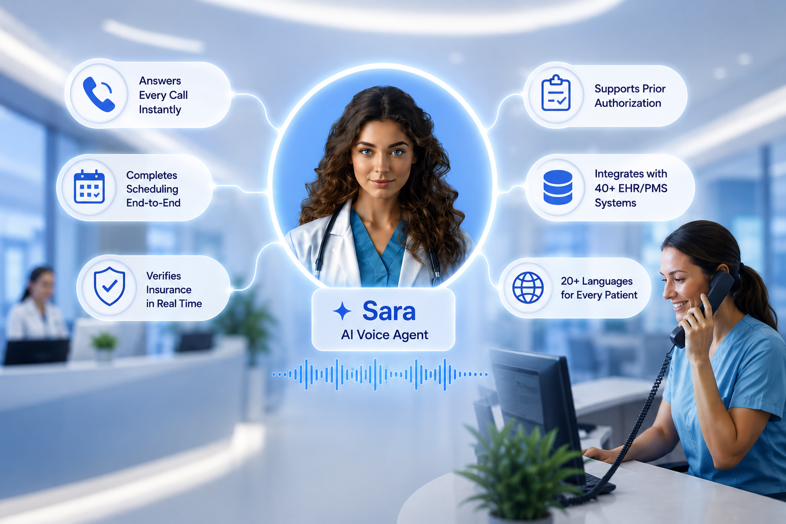 Sara AI Voice Agent connecting appointment scheduling, insurance verification, prior authorization, EHR integration, and multilingual patient support.