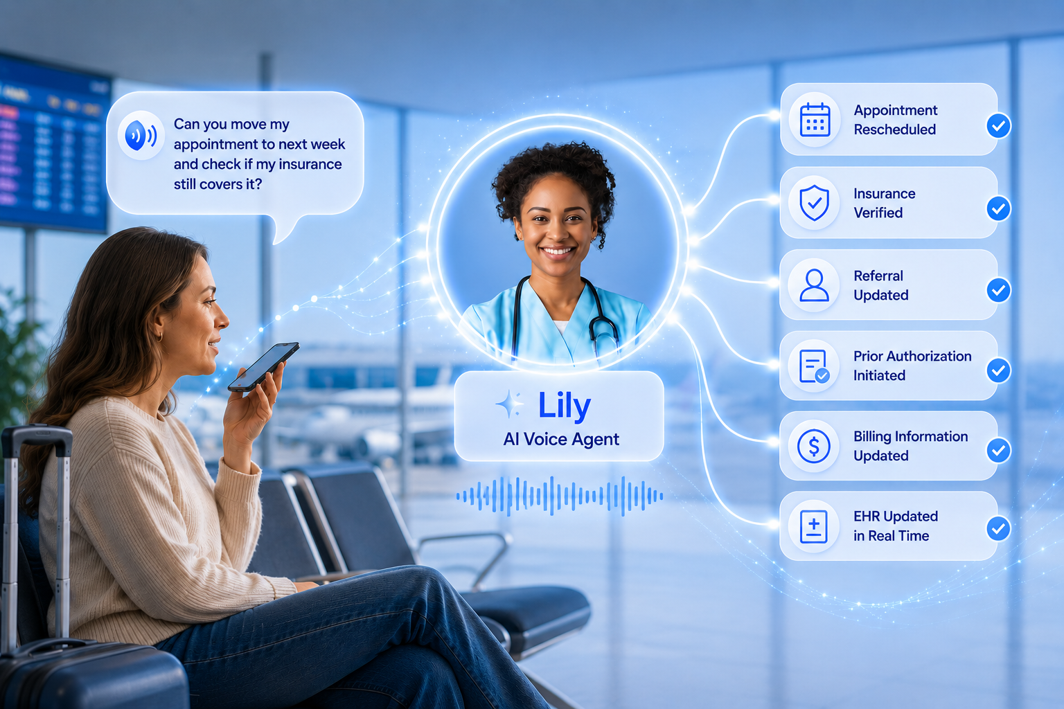 Patient using Lily AI Voice Agent at an airport to reschedule an appointment and update insurance while traveling.