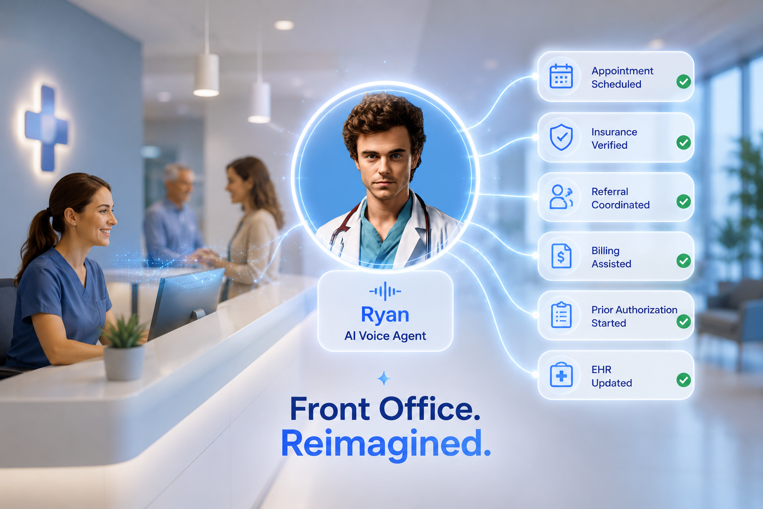 Ryan AI Voice Agent supporting front office healthcare operations with patient scheduling, insurance verification, billing, and EHR updates.