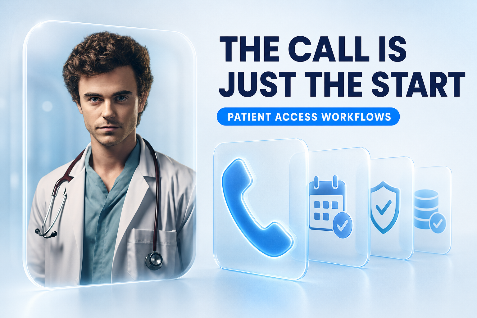 Ryan, a healthcare AI agent, beside phone, scheduling, insurance, and EHR icons illustrating patient access workflows after an AI answers a call.