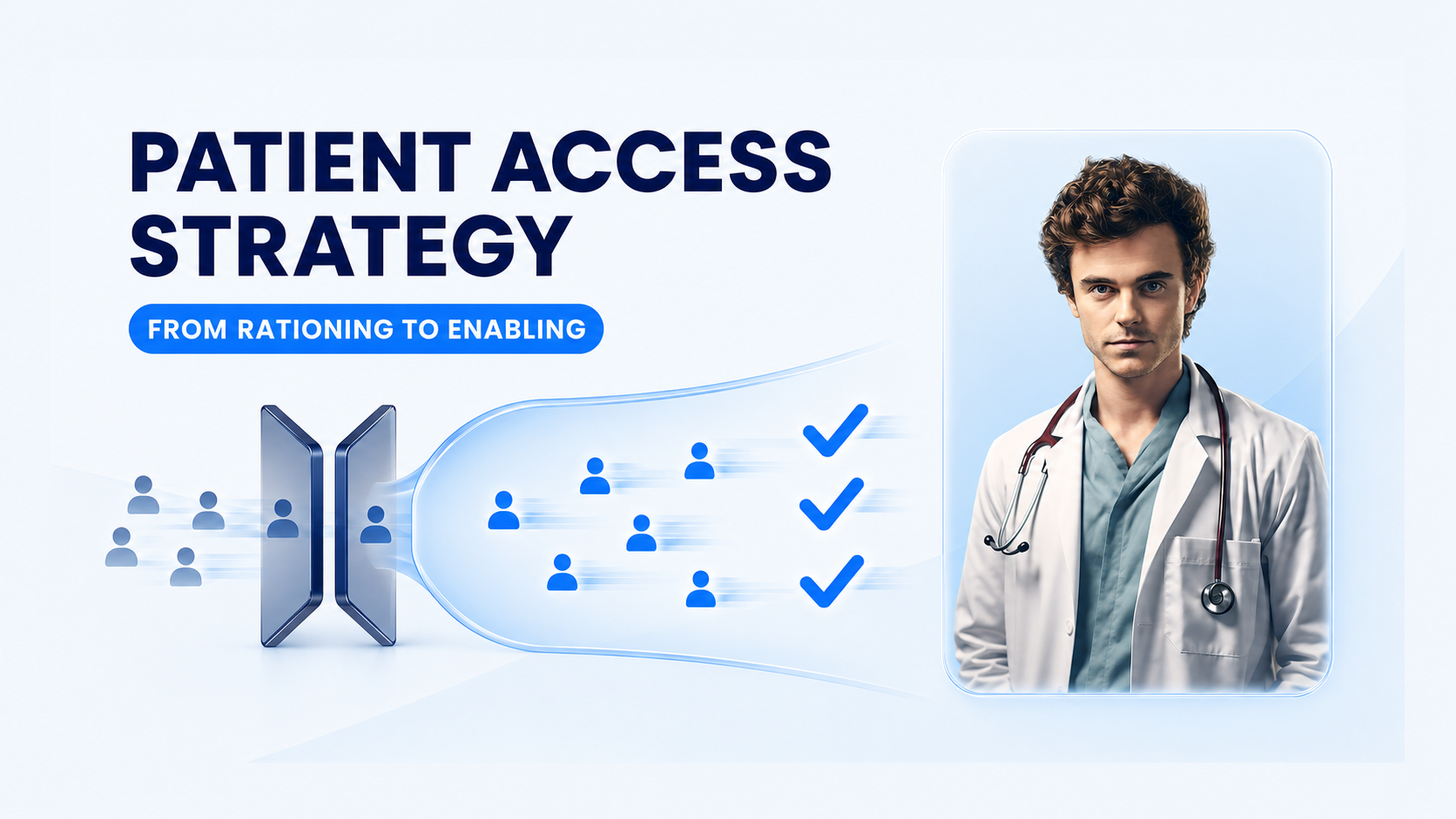 Ryan, a healthcare AI agent, beside a narrow patient access bottleneck opening into a wider channel with completed requests, illustrating AI-enabled patient access strategy.