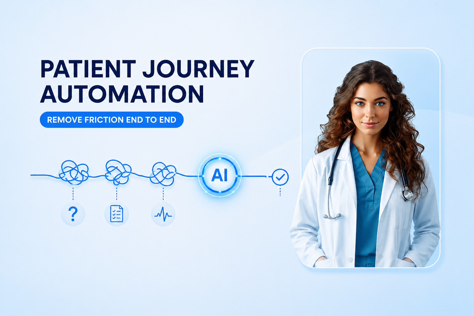 Sara, a healthcare AI agent, beside a patient journey path showing administrative friction becoming a smooth completed workflow through AI automation.