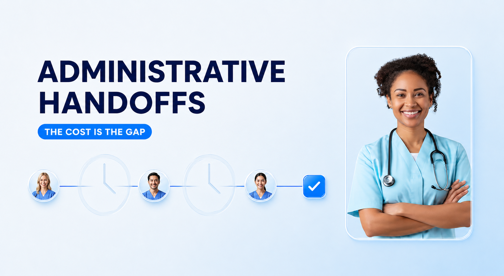 Lily, a healthcare AI agent, beside staff handoff points separated by large waiting gaps, illustrating the operational cost of administrative handoffs in healthcare.