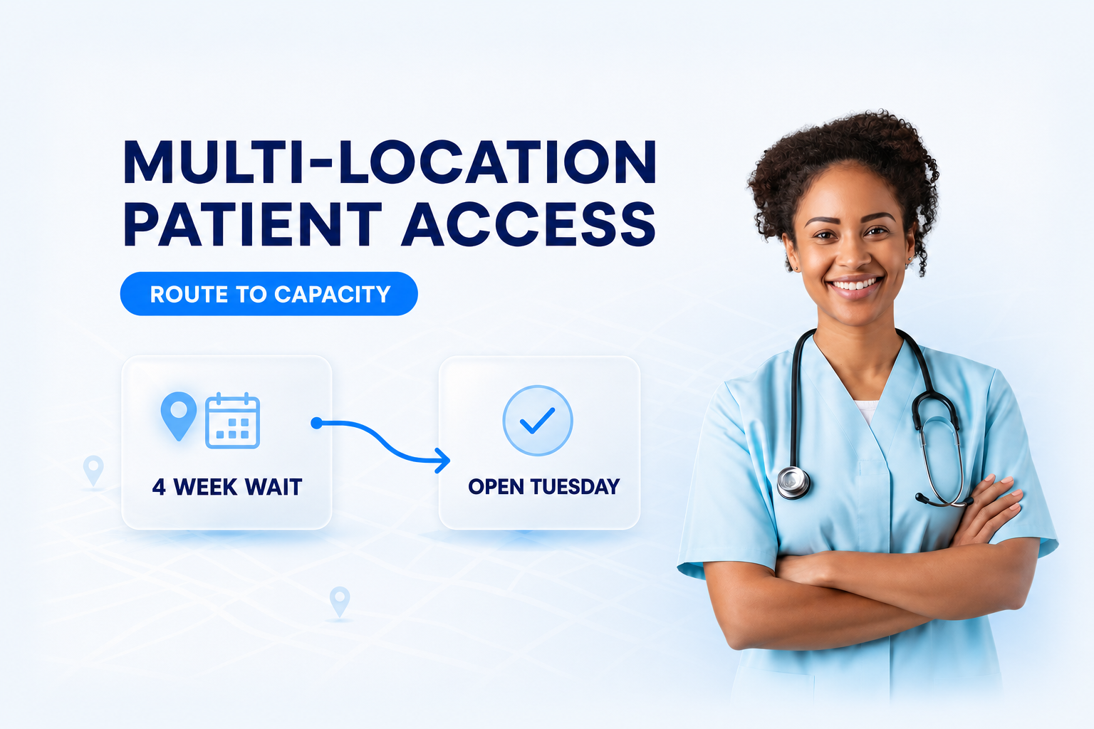 Lily, a healthcare AI agent, illustrating multi-location patient access by routing patients from a four-week wait to an open appointment at another location.