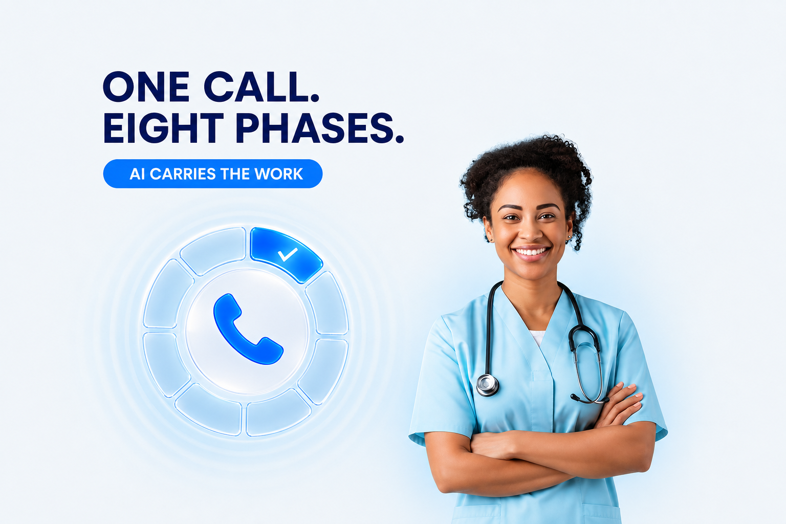 Lily, a healthcare AI agent, beside an eight-phase phone call graphic illustrating how AI automates administrative work from call to completion.