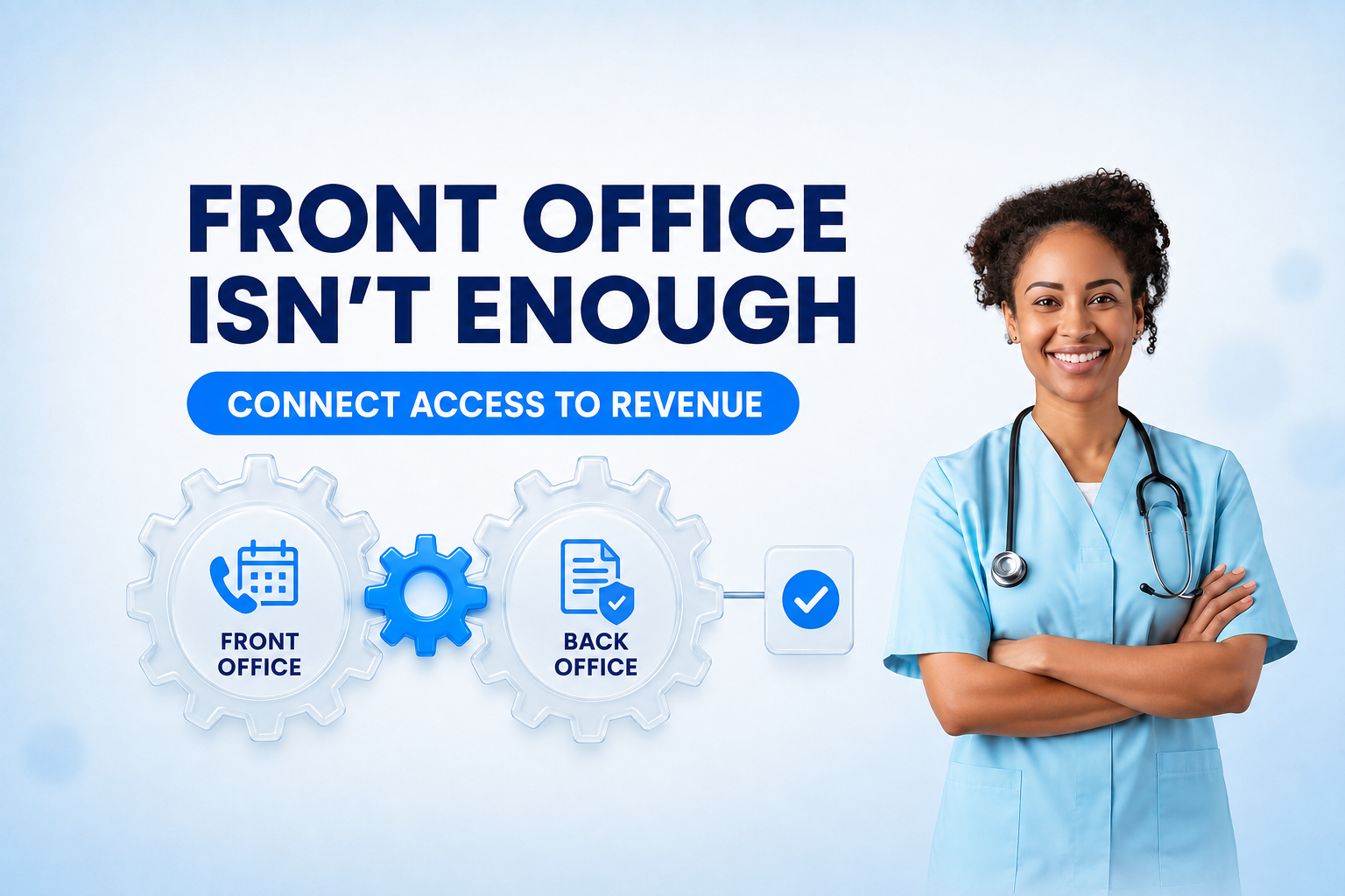 Lily, a healthcare AI agent, beside connected front-office and back-office gears illustrating end-to-end automation from patient access to revenue.