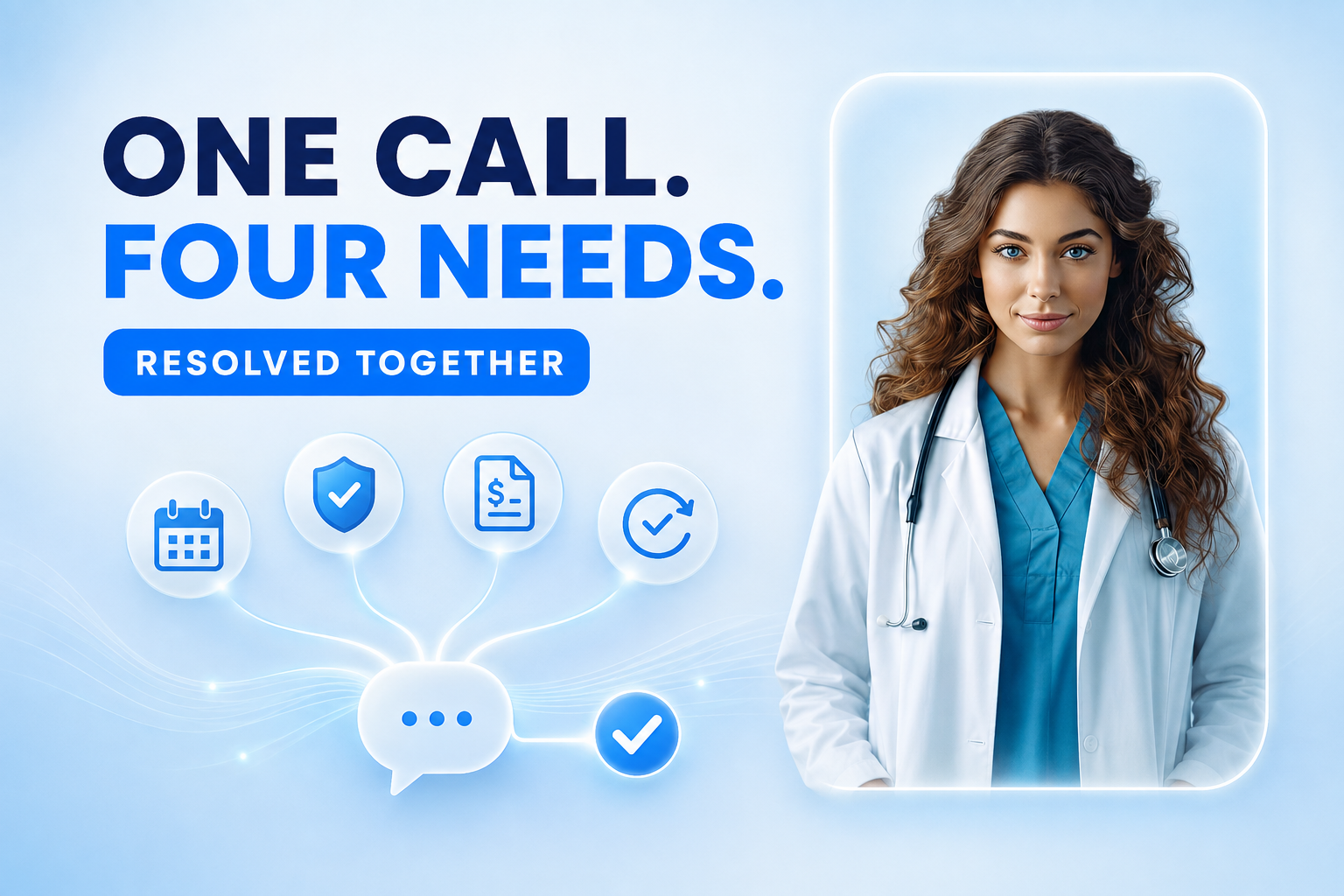 Sara, a healthcare AI agent, coordinating scheduling, insurance eligibility, billing, and follow-ups to resolve four patient needs in one call.
