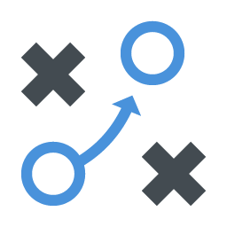 Simplified business strategy diagram with two blue circles connected by an arrow and two black X marks.