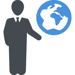Icon of a person in a suit next to a blue globe showing continents.