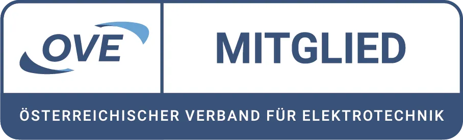 Schild mit dem Text OVE Mitglied und darunter Österreichischer Verband für Elektrotechnik.