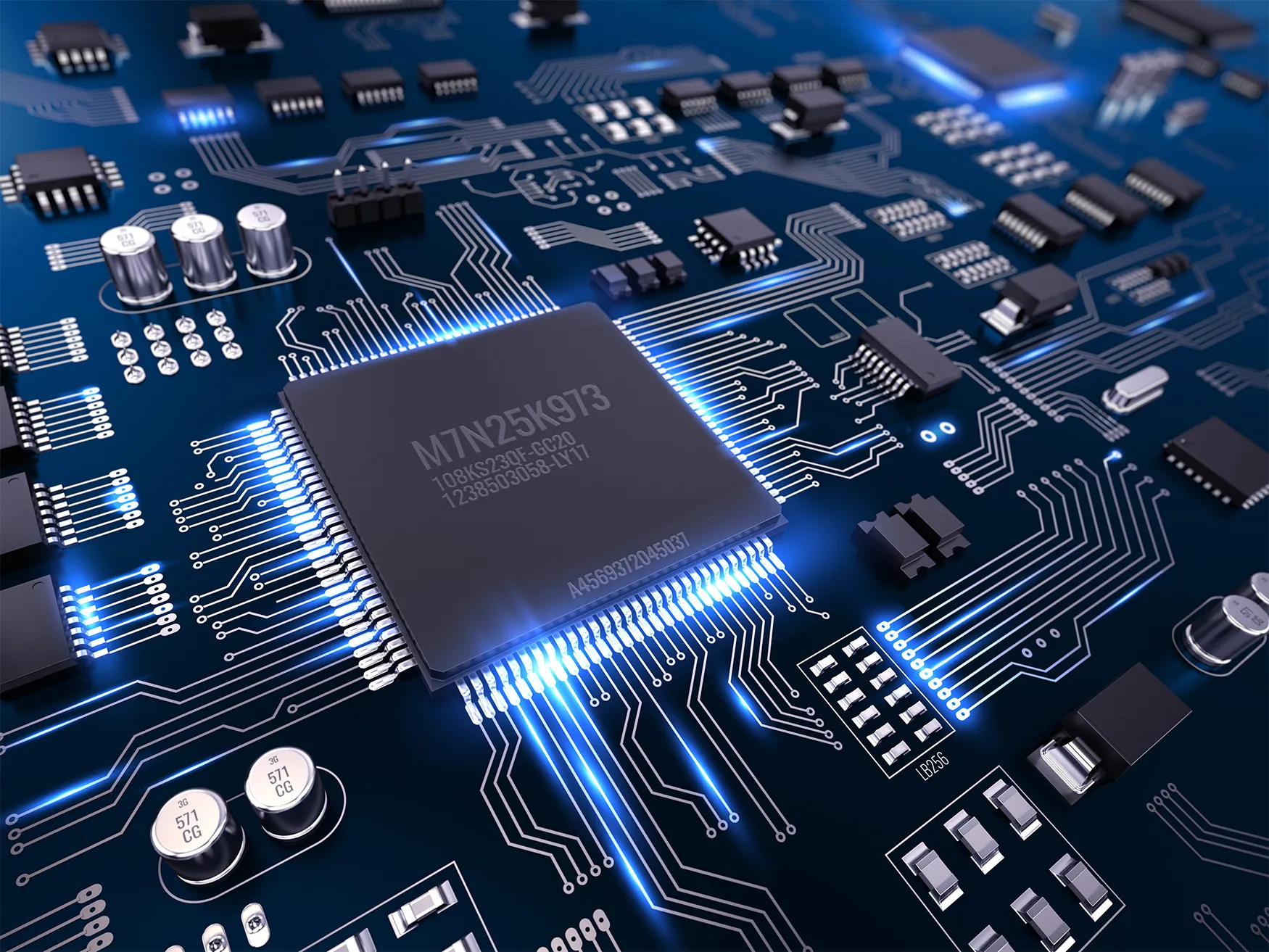 Dunkelblaue Leiterplatte mit einem zentralen Mikrochip und blau leuchtenden elektrischen Verbindungen.