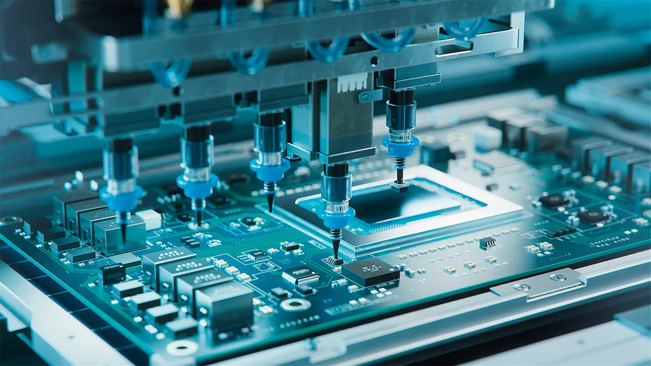 Automatisierte Maschine bestückt elektronische Komponenten auf einer Leiterplatte.