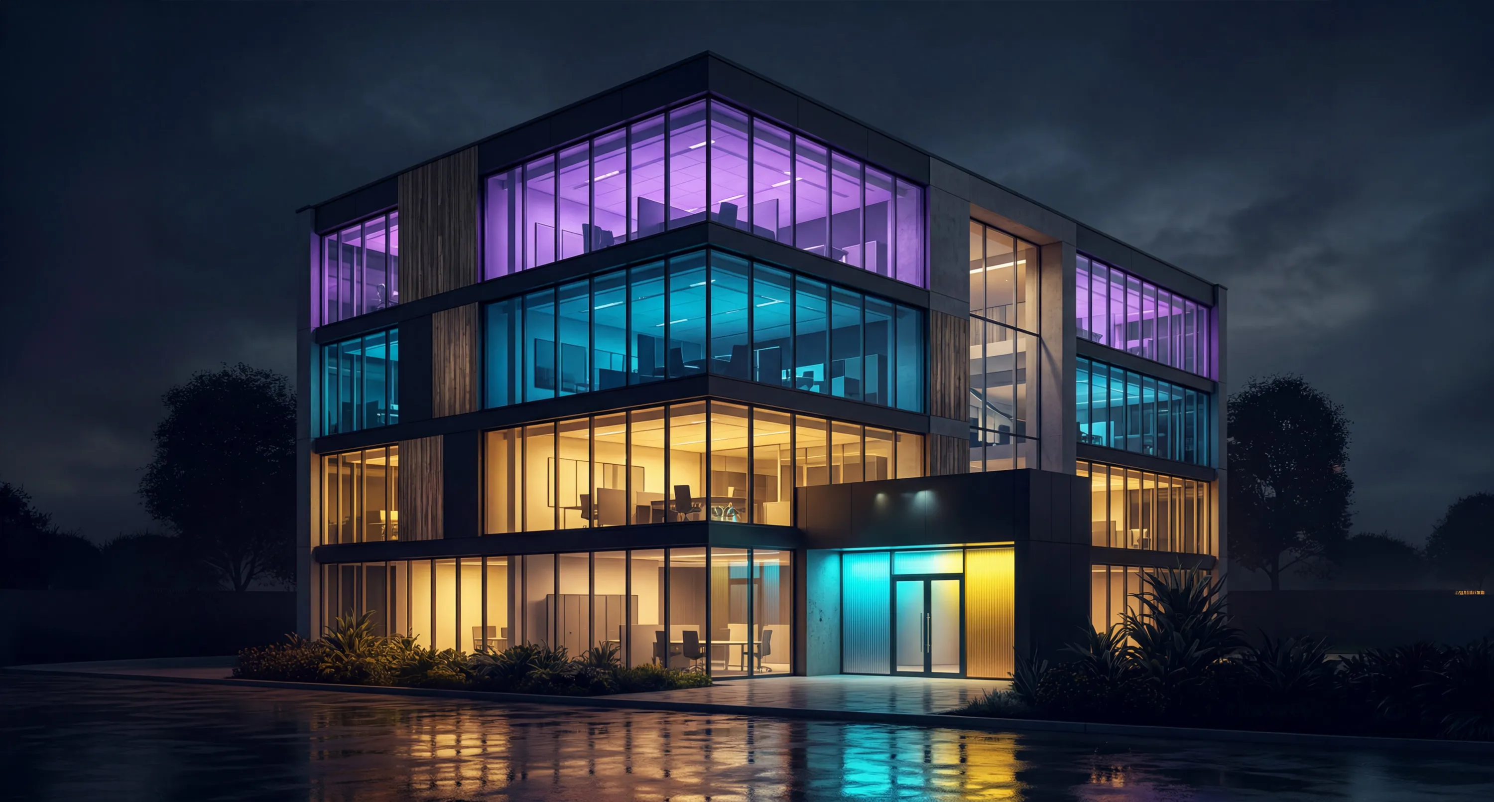 Modern Bürogebäude mit farbigen Lichtern in Gelb, Blau und Lila bei Nacht und nasser Straße.