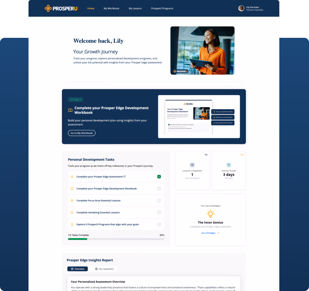 Screenshot of the dashboard page in the ProsperU platform