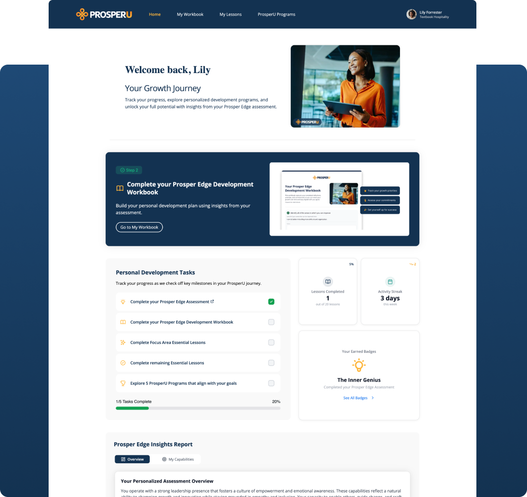 Screenshot of the dashboard page in the ProsperU platform