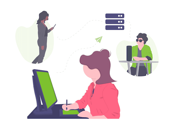 Illustration of woman managing coworking operations with software tools for communication, internet, and mobile access.