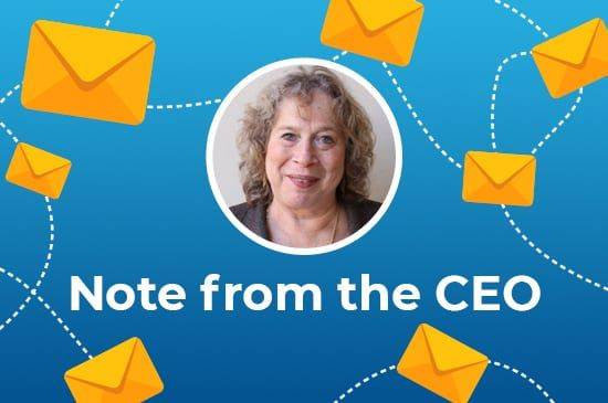 Image of Barbara Sprenger in a circle with "Note from the CEO" text on a blue background surrounded envelopes.