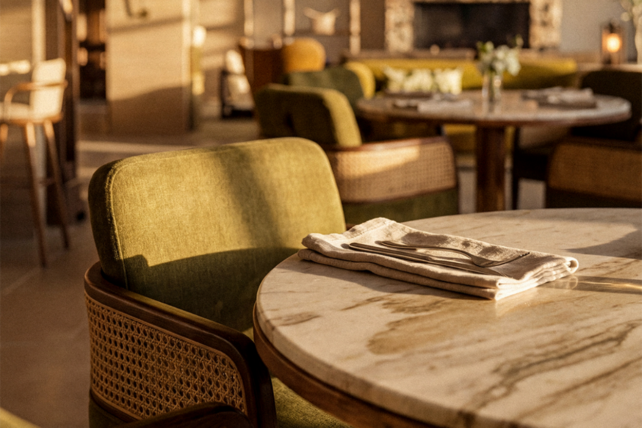 A round marble restaurant table with folded napkin and cutlery, surrounded by green upholstered chairs with wicker sides, bathed in warm sunlight.