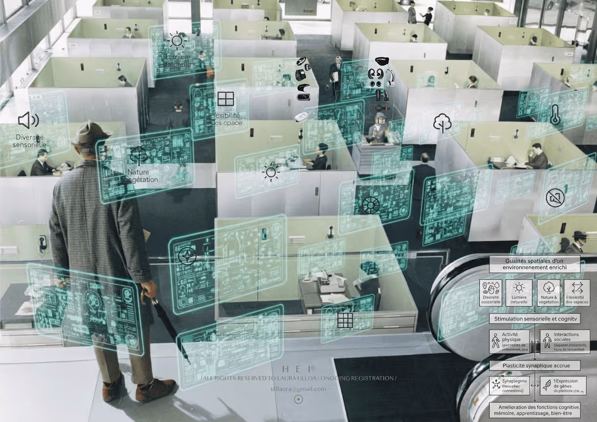 Man observing standardised office cubicles - illustrating the impact of poor spatial design on human behaviour.