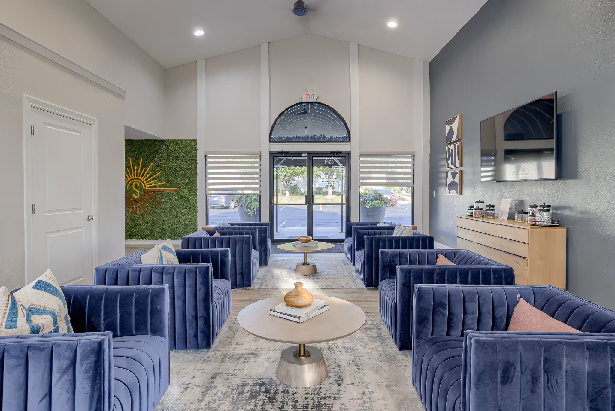 Clubhouse with blue seating areas