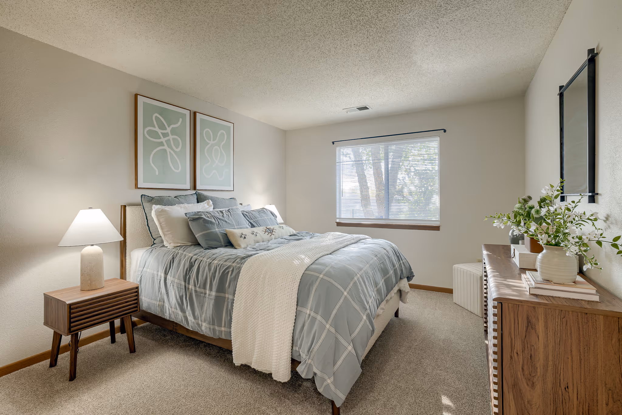 Bedroom with blue bed