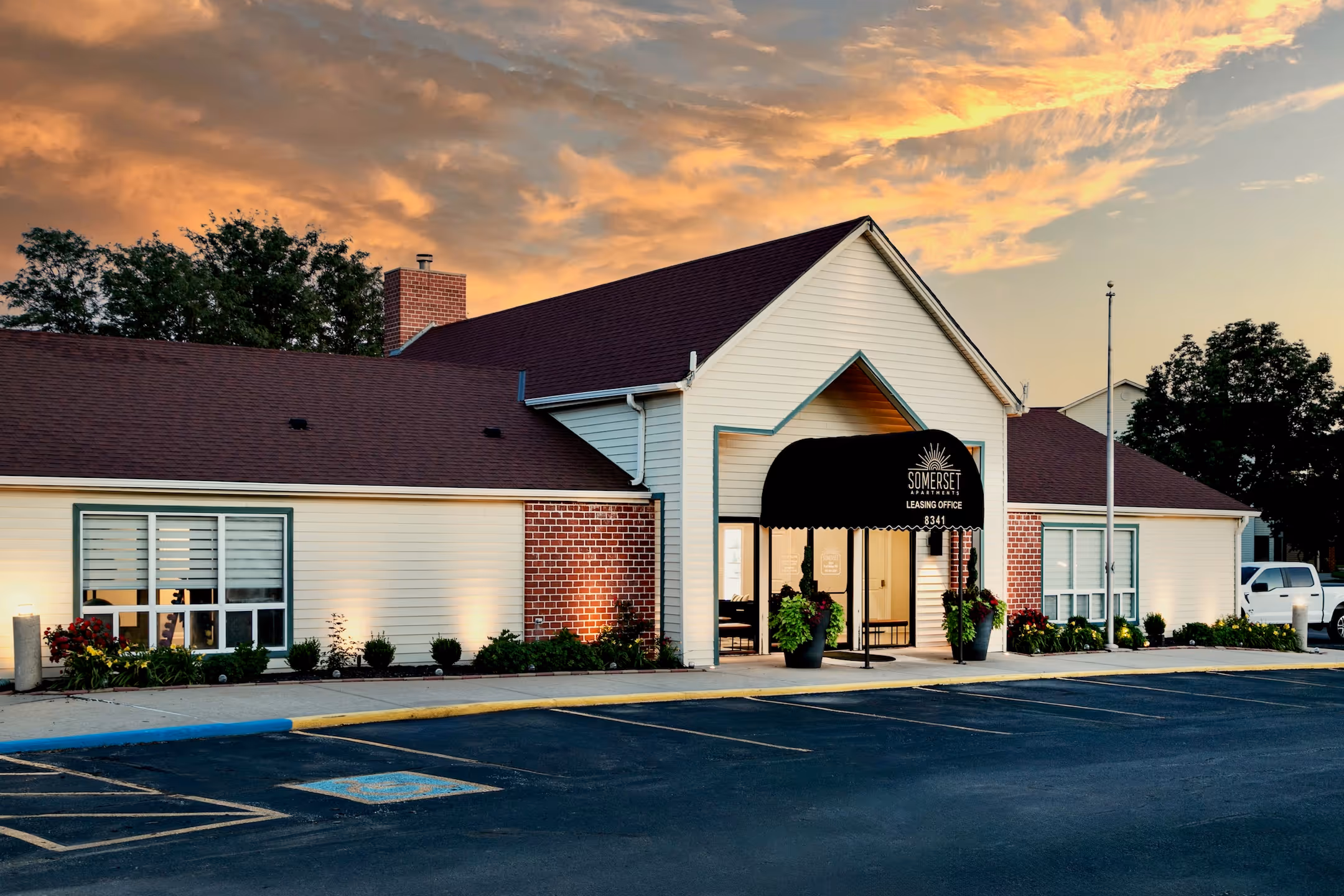 Office exterior at sundown