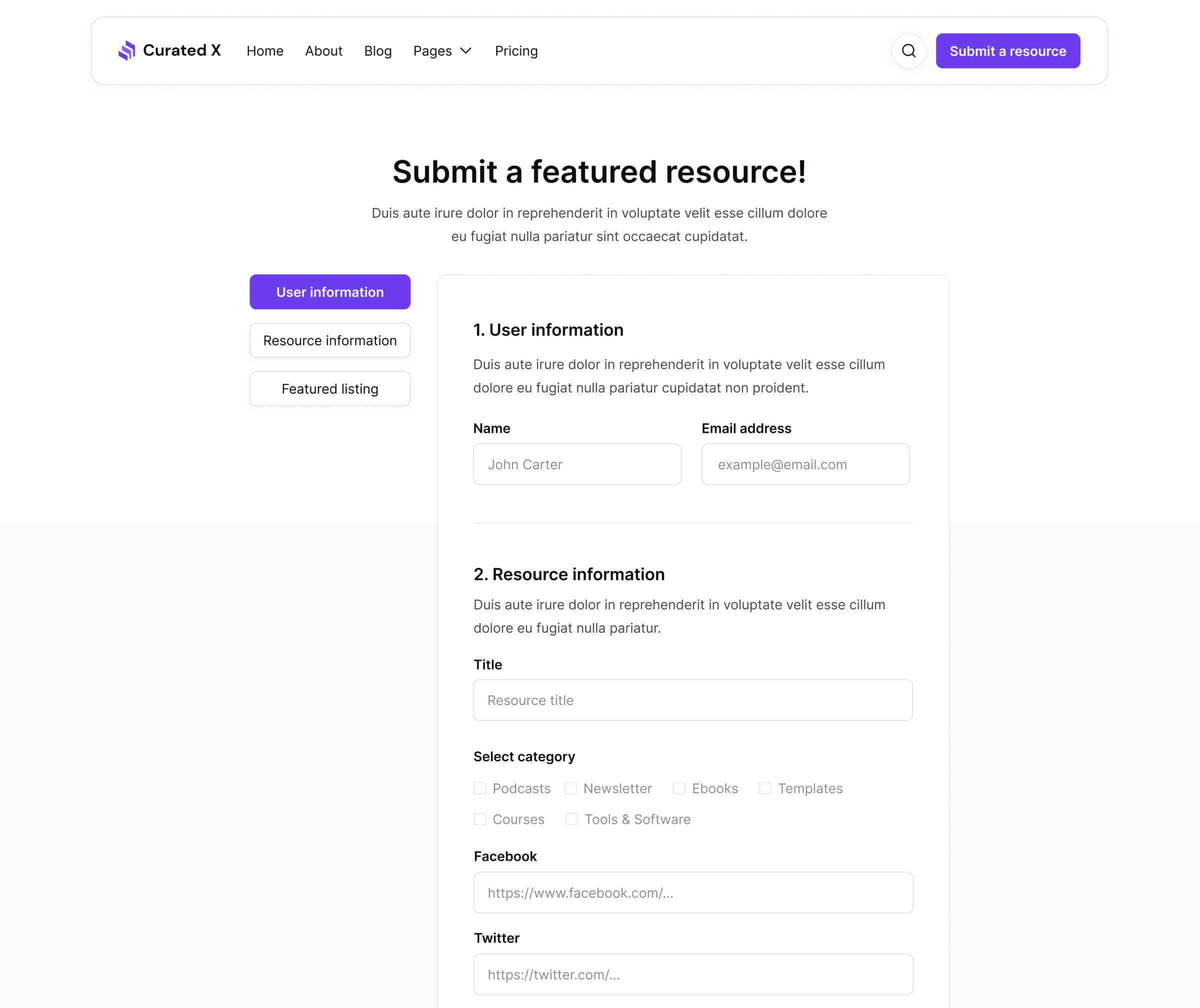Curated X - Submit A Featured Resource Page - Curation Website Webflow Template