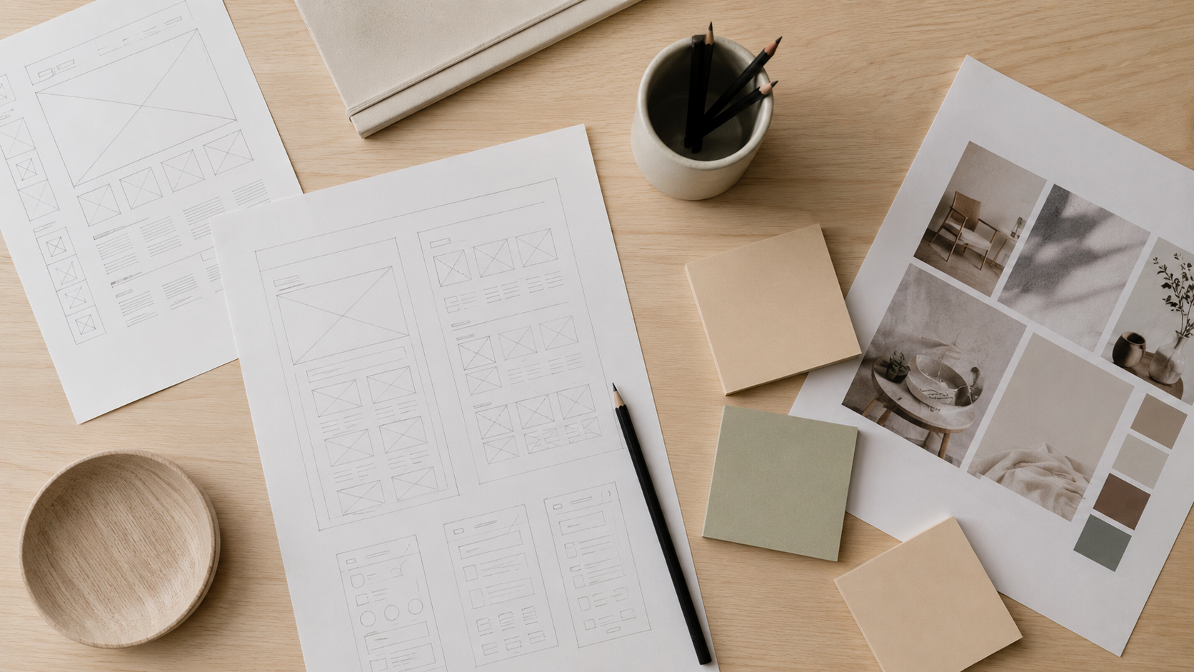 Wireframe-Skizzen und Moodboard auf dem Designertisch