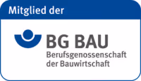 Logo der Berufsgenossenschaft der Bauwirtschaft mit dem Text Mitglied der BG BAU.