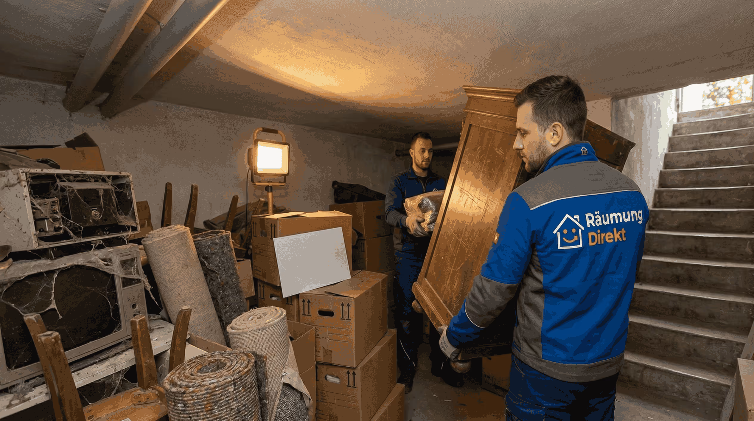 Zwei Männer in Arbeitskleidung tragen Möbel und Kartons in einem Keller voller alter Gegenstände und Teppiche.