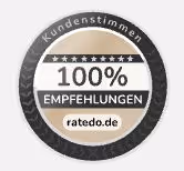 Siegel mit der Aufschrift 100% Empfehlungen von ratedo.de und dem Wort Kundenstimmen am oberen Rand.