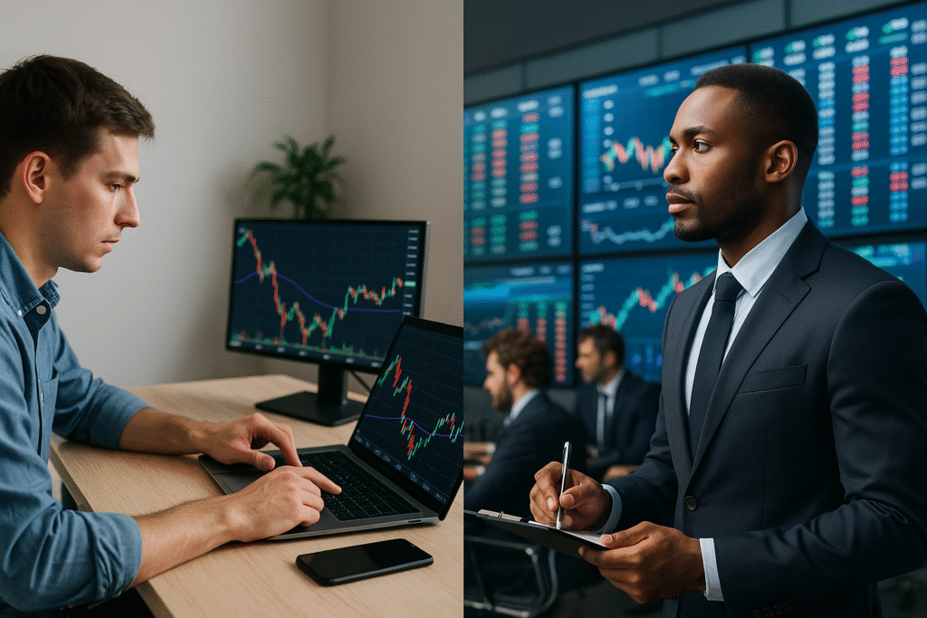 Side-by-side view of prop trader and hedge fund analyst, illustrating prop trading vs hedge fund.