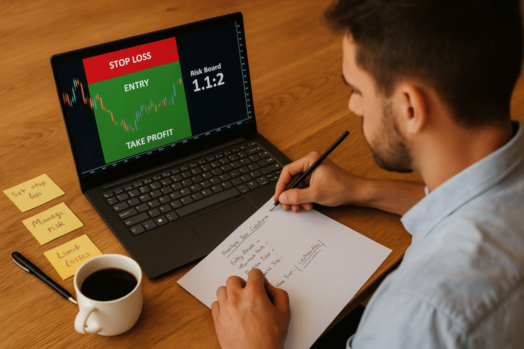 Trader noting forex trading tips beside laptop showing stop-loss and take-profit.