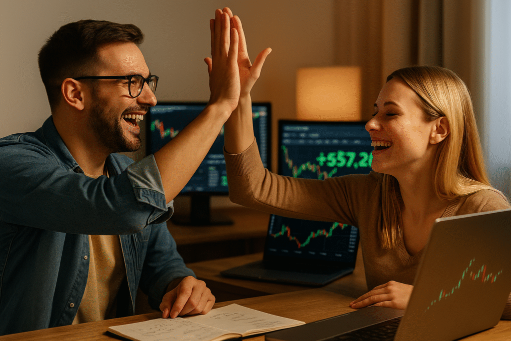 Two traders celebrate profits after applying forex trading tips