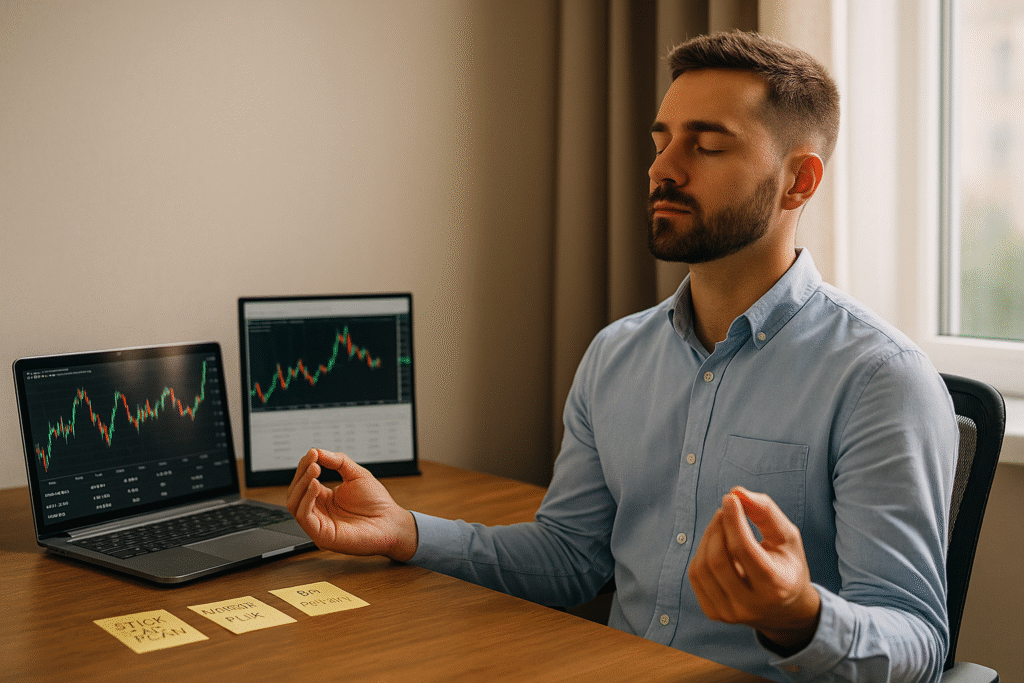 Meditating trader practising discipline, applying forex trading tips beside chart screens.