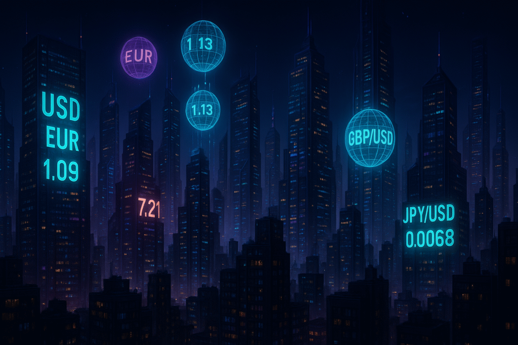 Futuristic skyline with forex rates, highlighting richest forex traders’ global markets.