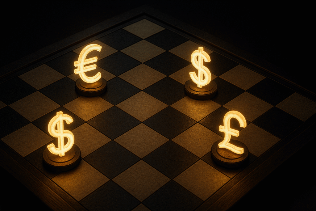 Glowing dollar, euro, pound on chessboard, strategic power of richest forex traders.