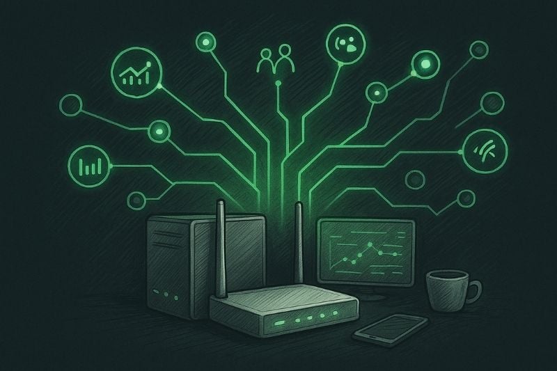 Home trading setup with connected devices and digital charts symbolising efficient trading network.