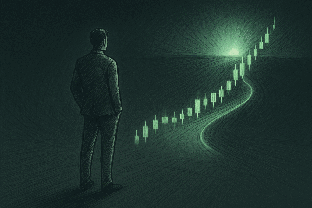 Trader visualising success path with candlestick chart symbolising a focused home trading setup