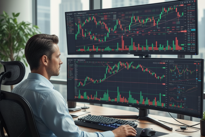 Trader analysing charts on dual monitors using trend exhaustion indicator for better decisions