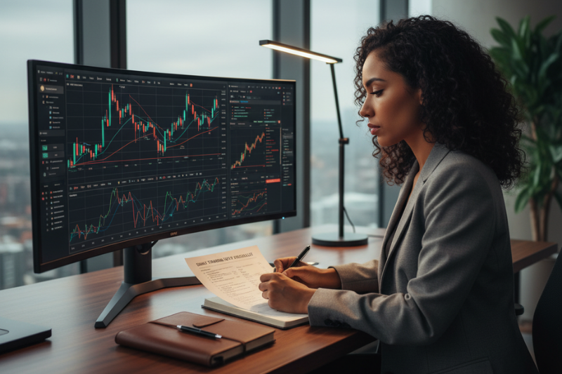 Female trader reviewing charts with trend exhaustion indicator to improve trading decisions