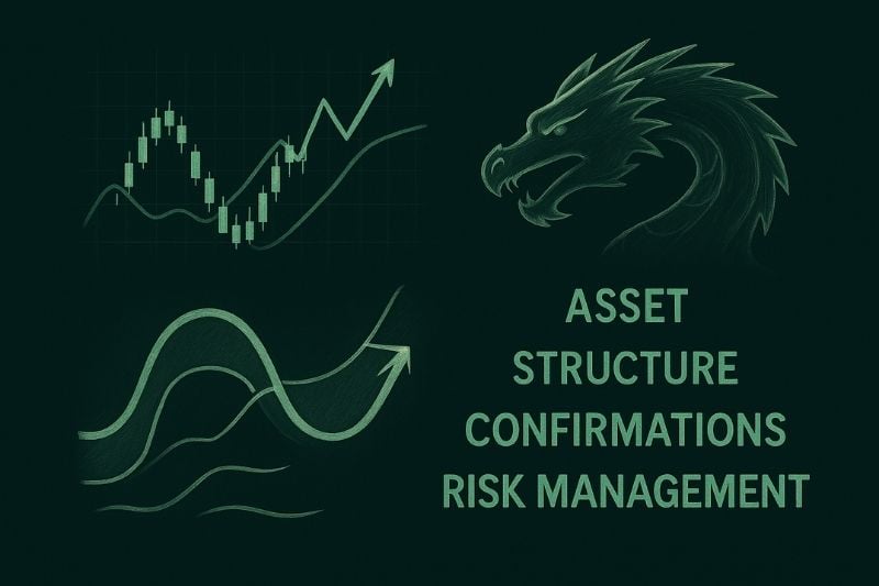 Dragon pattern trading concept showing market charts, dragon illustration, and key trading elements