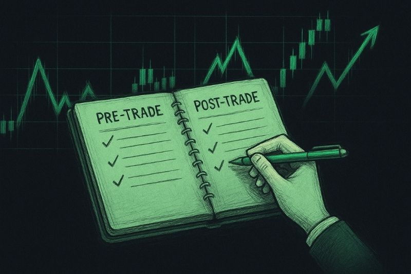 Trader writing pre-trade and post-trade notes, highlighting journaling discipline in forex trading psychology