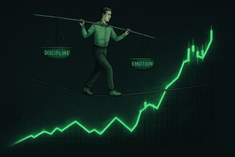 Trader balancing discipline and emotion on a chart line, symbolising control in forex trading psychology.