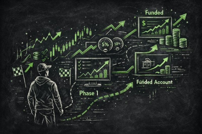brightfunded review illustration showing trader analysing charts and funded account growth phases