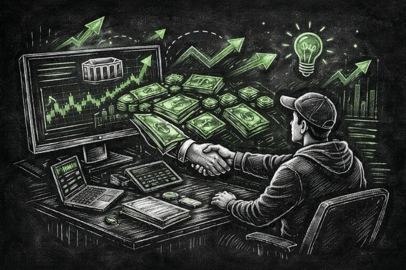 brightfunded review illustration showing trader receiving funded account payout after successful trading challenge