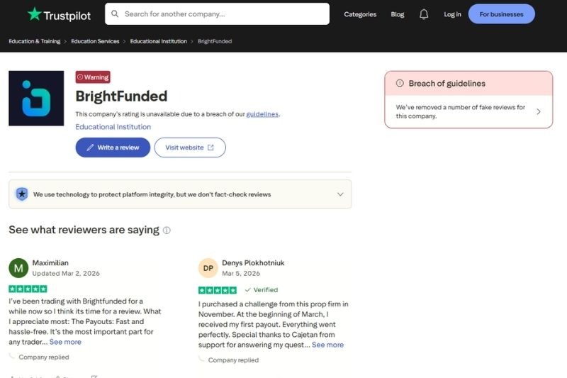 brightfunded review showing Trustpilot warning about guideline breach and removed fake reviews